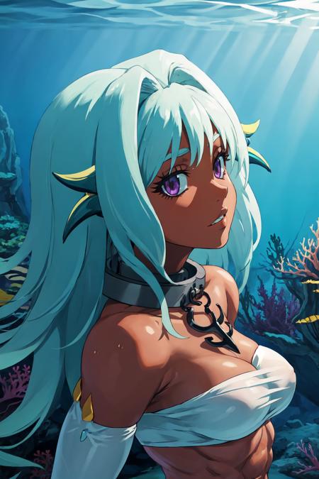 (masterpiece, best quality), outdoors, underwater, detailed face, 1girl, solo, Levia-san, monster girl, head fins, dark-skinned female, large breasts, <lora:Levia-san_V1-Manityro-dadapt:1>, toned, abs, looking at viewer, collar, white bandeau, elbow gloves, jewelry,  from side