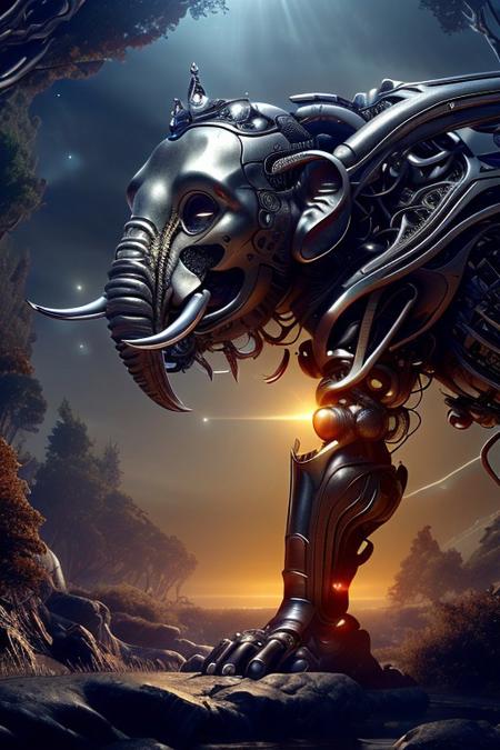cinematic film still silverpulse, cyborg elephant, simple background, high quality, artistic, vibrant colors, detailed textures. futuristic sleek/glossy silver and blue glow, vibrant colors, detailed textures., Concept art, cyborg, background, vintage, modern, SilverPulse, <lora:SilverPulseMorphXL:0.8>, excellent composition, artistic, highly detail, holy, sunny, dynamic dramatic beautiful full taking . shallow depth of field, vignette, highly detailed, high budget, bokeh, cinemascope, moody, epic, gorgeous, film grain, grainy, front view,