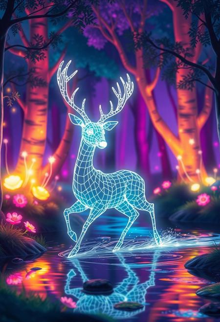 A magical forest in bold, saturated colors, where trees glow with bioluminescence.﷿速镜头﷿随 a glowing wireframe deer with intricate white grid lines forming its body and antlers, running in a stream, there are glowing flowers and floating sparkles. The lighting shifts with bursts of radiant color, casting soft glows and colorful flares. reflections shimmer across a crystal-clear stream. The scene maintains a whimsical, fluid rhythm, with smooth animation and a painterly visual style
