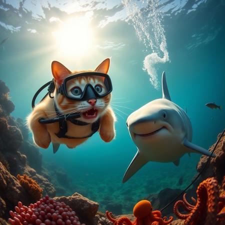 cat doing scuba diving,  scuba diving equipment,  near a smiling shark  under water, coral, rocks, sunlight, buble, fish, octopus