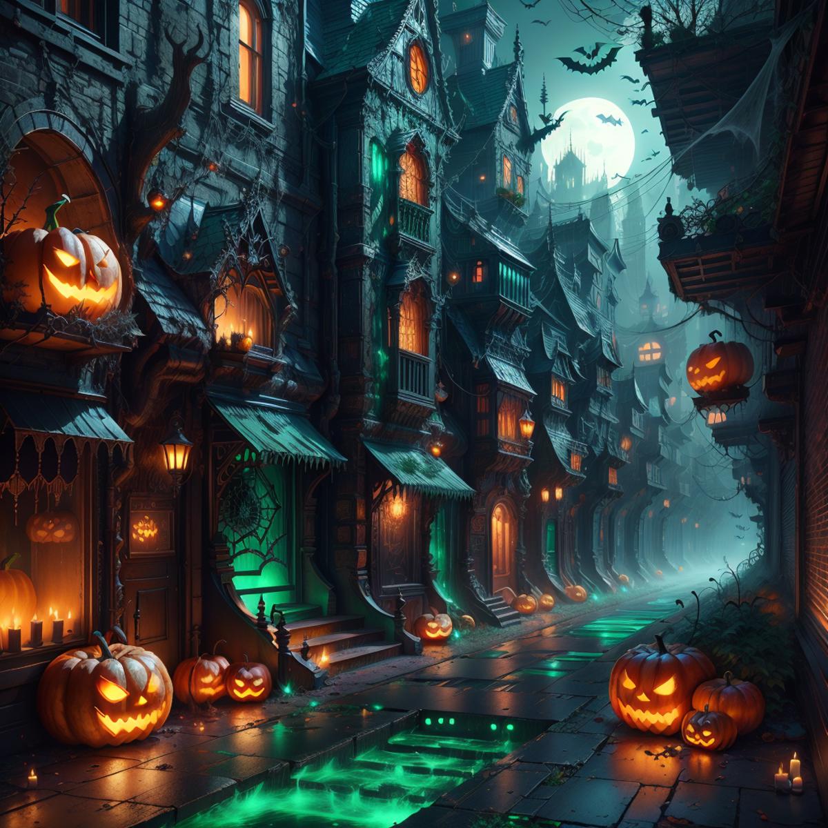 Pumpkin-lit Halloween street with haunted houses and spooky atmosphere