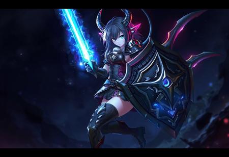 Game, girl, could hear, full body, blue eye, Dark Fantasy, monster-girl, bones and shield, space in soul, nice legs and ass