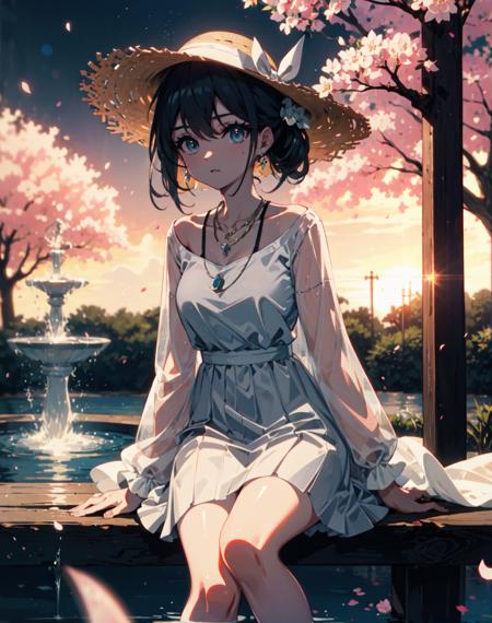 {{masterpiece}}, best quality, cinematic lighting, lens flare, medium breasts, beautiful detail eyes, white summer dress, sitting by a fountain, necklace, straw hat, sunset, sakura, Cherry tree, petals,  <lora:beautifulDetailedEyes_v10:1>