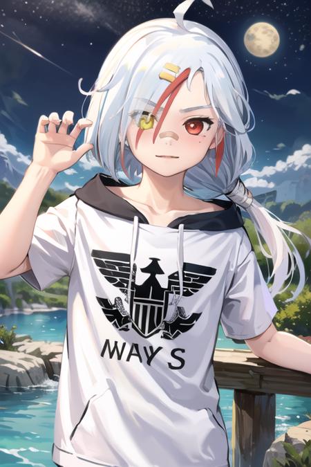 heterochromia, downes, red eyes, mole under eye, mole, long hair, bandaid on nose, bandaid on face, bandaid, azur lane, ahoge, azur, yellow eyes, low ponytail, streaked hair, red hair, white hair,