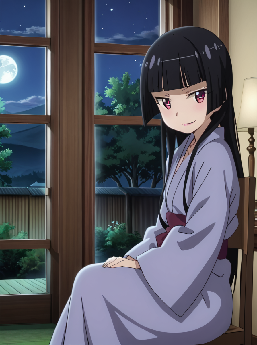 A smiling young woman with pink eyes and long, black hair seated indoors next to a window. She is wearing a light lavender kimono with a deep purple obi sash tied around her waist. The background reveals a large, wooden-framed window, through which green trees, a wooden fence, and a moonlit sky with stars are visible. 