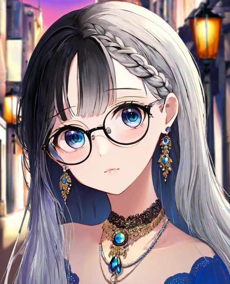 (1girl), (masterpiece:1.6, best quality), (finely detailed beautiful eyes: 1.2), (detailed background), (beautiful detailed face, beautiful detailed eyes), High contrast, (best illumination, an extremely delicate and beautiful), (light and shadow:1.2), (colorful light), (dress, necklace, earrings), (black hair, gray hair), gradient hair, two-tone hair, two color hair, (forehead:1.2), eyeliner, eyeshadow, street, street city, crowded, (perfect eyes, beautiful eyes), (beautiful girl), long hair with side braid, glasses