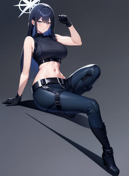 saori_blue_archive long_hair, breasts, bangs, blue_eyes, black_hair, navel, blue_hair shirt, gloves, long_sleeves, hat, bare_shoulders, boots, open_clothes, sleeveless, black_gloves, midriff, belt, pants, off_shoulder, stomach, black_footwear, coat, crop_top, black_shirt, sleeveless_shirt, black_headwear, halo, black_pants, armband, baseball_cap, cross-laced_footwear, black_belt, white_coat, lace-up_boots, holster, thigh_holster, snap-fit_buckle shirt, gloves, bare_shoulders, boots, open_clothes, sleeveless, black_gloves, midriff, belt, pants, off_shoulder, stomach, black_footwear, crop_top, black_shirt, sleeveless_shirt, halo, black_pants, cross-laced_footwear, black_belt, lace-up_boots, holster, thigh_holster, snap-fit_buckle mouth mask, mask