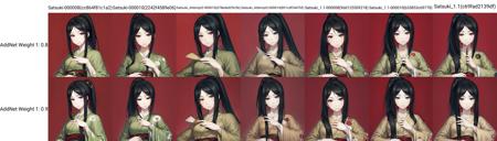 solo, Satsuki, black hair, parted bangs, seductive smile, green kimono, (ponytail:1.2), paper fan