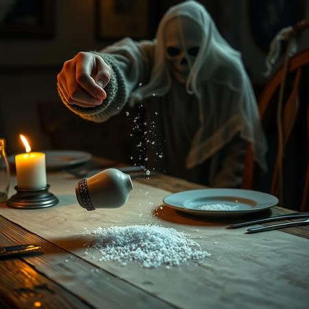 At a rustic, wooden dining table set for an intimate meal, a salt shaker teeters precariously on the edge, its porcelain surface gleaming under the warm, flickering light of a nearby candle. With a sudden shake, the shaker tips, scattering a cascade of crystalline grains across the weathered tablecloth, creating an inviting glimmer against the soft cream fabric. A figure, clad in a cozy, oversized sweater, instinctively reaches for a pinch of the spilled salt, their fingers trembling with urgency. As they toss the pinch deftly over their left shoulder, the salty grains catch the light, sparkling like tiny stars as they fall. Behind them, an ethereal figure materializes, composed of swirling dust and shadows, its translucent form flickering in and out of visibility. The ghost's eyes, hollow yet watchful, reflect a flicker of ancient wisdom, as it leans in, almost breathless, waiting to see if this time-honored ritual will ward off lurking misfortune. The atmosphere is thick with tension, the sweet aroma of a simmering dish lingering in the air, contrasting sharply with the ghostly presence that hangs like a whisper of doubt over the scene. As the flickering candlelight dances, the interplay of light and shadow heightens the sense of mystery and foreboding, a reminder that even the gentlest of actions can summon the unseen forces waiting at the edges of our lives.