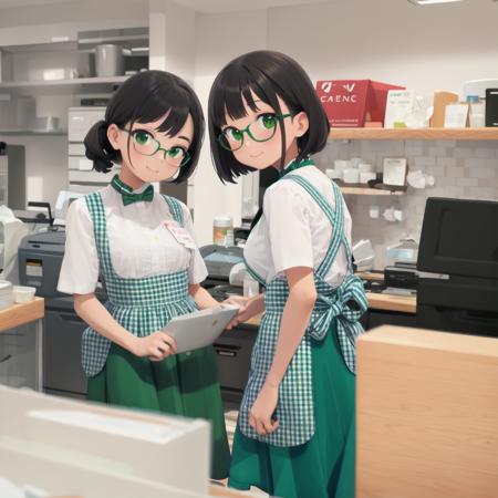 best quality, ultra-detailed, illustration,
1girl, glasses, black hair, medium hair, medium breasts, smile, blush, standing, looking at viewer, 
KSU,  short sleeves, black hair, short hair, apron, shirt, indoors, white shirt,  plaid, food, gingham apron, gingham, green skirt, green bowtie, 
 <lora:kobeya_stazzo_U_SD15_V4:1>