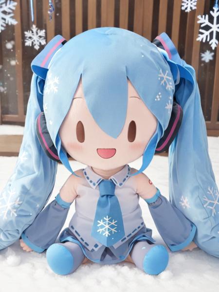 fu1fu, hatsune miku, twintails, necktie, detached sleeves, yuki miku, solid oval eyes, long hair, snowflake print, open mouth, solo, smile, sleeveless shirt, sitting, snowflakes, shirt, sleeveless, blue hair, bare shoulders, blue necktie,<lora:fufu_xl:1>,