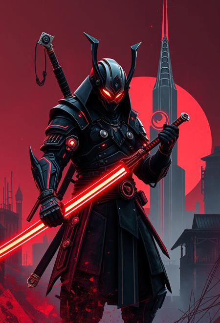 Futuristic Samurai Phantom , sleek cybernetic armor, glowing katana, digital glitch elements, neon red and black color scheme, towering monolithic cityscape, deep shadows and negative space
dark fantasy warrior, intricate battle-worn armor, high-contrast lighting, dramatic shadows, surreal minimalism, geometric abstract background, hard-edge painting style, flowing elegant contours, stark negative space, intense chiaroscuro, bold minimal composition, symbolic surrealism, fusion of realism and abstraction