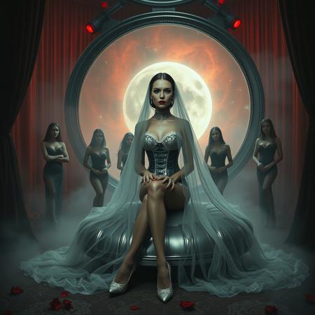 tall slender elegant slavic  bride  sit  at weird giant round mirror  pillow under dimension portal to another galaxy , slave  collar, dressed in sexy foil corset, long veil, pefect legs in lace trim stockings and d'orsay high heels, small feets, surrounded by abducted bridemaids  at  background, fishnet curtains, fog, mirrors, hi-tech, sci-fi, scifi, mind control, steel, foil, hypno, romance, poison, lipstick, long hair, heavy makeup, 1950s hairstyle, red nails, long hair, green eyes, sharp cheekbones, ultra thin waist , seductive, feminine, mysterious, alien spaceship, space, radiating, laser, dramatic dark red lighting, darkness, corset, negligee, lace, seduce, alluring, vines, poison red flowers