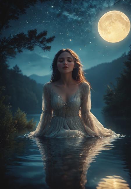 A woman with fair skin and long dark hair floats above a still, moonlit lake at night. Her expression is serene, eyes closed, as if in a trance. The water below reflects her form perfectly, shimmering with a liquid crystal effect. The scene is hyper-realistic, captured with a Canon EOS R5 DSLR and a telephoto lens, creating a soft bokeh effect. The lighting is ethereal, with moonlight casting a cool, blue hue, and subtle ambient light from the surrounding forest adding depth. The film grain is minimal, and the color grading enhances the dreamlike quality, with a slight desaturation to create a mystical atmosphere. Inspired by the visual style of David Lynch, the composition is framed to emphasize the surreal and tranquil nature of the moment.