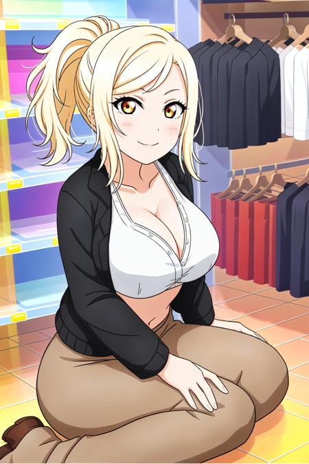 1girl, high_quality, 8k, masterpiece, (round_pupil:1.2), vivid_colors, (high_quality_eyes:1.2), 
(clothes_shop:1.2),
looking_at_viewer, (sitting:1.2), (on_floor:1.2),
blushed, (raised_eyebrows:1.2), (light_smile:1.2), closed_mouth,
(brown_pants:1.2), (black_jacket:1.2), (white_shirt:1.2),
cleavage, navel,
ADDBASE 
1girl, high_quality, 8k, masterpiece, (round_pupil:1.2), vivid_colors, (high_quality_eyes:1.2), 
(clothes_shop:1.2),
looking_at_viewer, (sitting:1.2), (on_floor:1.2),
blushed, (raised_eyebrows:1.2), (light_smile:1.2), closed_mouth,
(brown_pants:1.2), (black_jacket:1.2), (white_shirt:1.2),
cleavage, navel,
(slightly_big_breasts:1.3),  bangs, ponytail, (sexy_body:1.2), <lora:sksai:0.8>