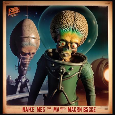 Naked Man  <lora:MarsAttacks:0.7>  MarsAttacks! 1950's sci fi poster art  forbidden planet style UFO bridge