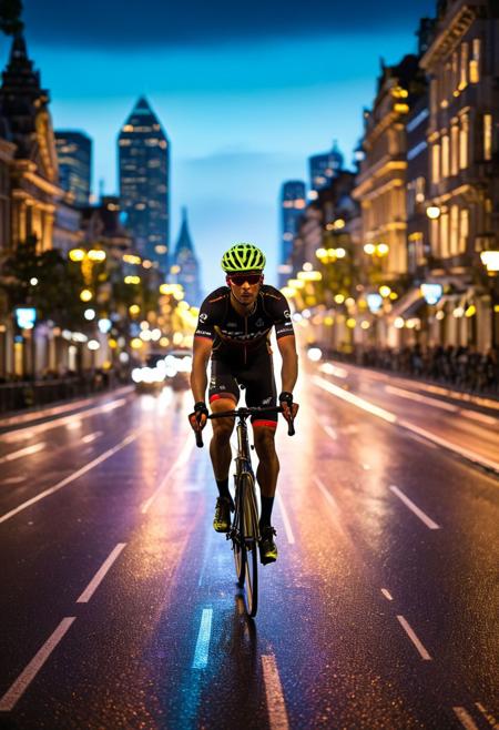Capture a cyclist's silhouette against a vibrant cityscape, lit by soft bokeh blur. Use a wide-angle lens for a dynamic composition, focusing on intricate bokeh details and the rider's sharp silhouette. Enhance contrast and clarity for a stunning 4K wallpaper, showcasing the beauty of urban cycling at night.