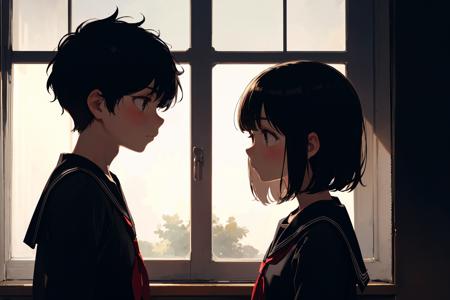 1boy, 1girl, hetero, facing another, shy, blush, black hair, upper body, profile, from side, black eyes, black serafuku, bangs, indoors, closed mouth, sunlight, window, shadow, shade, looking away, black shirt, backlighting, light, dark