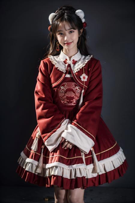 best quality, masterpiece, realistic, photorealistic, 1girl, solo, looking at viewer, light smile, cowboy shot, standing, long black hair, bangs, cyb dress, chinese clothes, frilled dress, wide sleeves, long sleeves, simple background, <lora:chinese_new_year_dress_style2_v1:0.7>