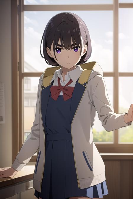 aoiaioi, <lora:aoi aioi movie-lora-nochekaiser:1>,
aoi aioi, short hair, black hair, red eyes, purple eyes,
BREAK shirt, dress, bow, school uniform, jacket, white shirt, collared shirt, hood, bowtie, red bow, red bowtie,
BREAK indoors, classroom,
BREAK looking at viewer, (cowboy shot:1.5),
BREAK <lyco:GoodHands-beta2:1>, (masterpiece:1.2), best quality, high resolution, unity 8k wallpaper, (illustration:0.8), (beautiful detailed eyes:1.6), extremely detailed face, perfect lighting, extremely detailed CG, (perfect hands, perfect anatomy),