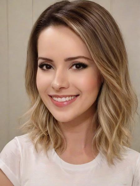 Portrait closeup photo of s4ndyjr woman, white tshirt, face smiling, in a bedroom