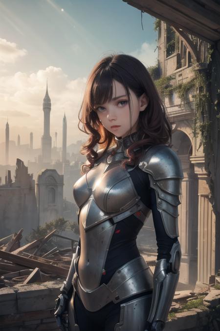 extreme detailed,cinematic composition,aesthetic,woman,solo,cute face,ringlets,upper body, (bodysuit:0.8), armor,(robot:0.4),mechanical body, mechanical arms, mechanical legs, crumbling ruins, overgrown, history, scattered pillars, sunbeams, hazy atmosphere