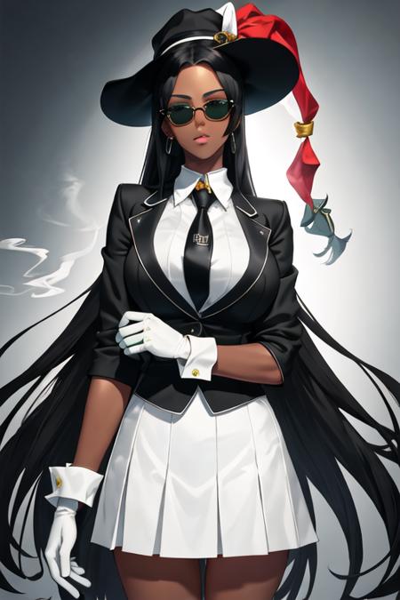 best quality, masterpiece, highres, solo, {black business suit:1.40}, {tie:1.20}, {sunglasses:1.25}, {white gloves:1.15}, {white shirt:1.10}, {black skirt:1.15}, {smoking:1.20}, handsome, {scheherazade_fgo:1.15}, long_hair, black_hair, dark-skinned_female, dark_skin, green_eyes, circlet, breasts, forehead_jewel, jewelry, large_breasts, hat