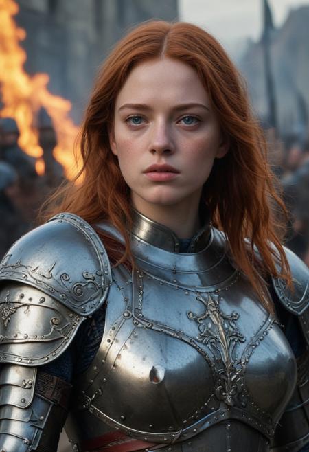 High resolution ultra-realistic of Beautiful Warrior Sadie Sink as Joan of Arc, 8k, capturing the intensity of the moment, cinematic lighting, standing on a bloody and stormy battlefield in bloody battle, wavy red hair, realistic dirty pale face, realistic blue eyes,  beautiful hourglass figure, burning in a medieval Town, intricately designed iron and silver armor, red mini skirt, Dark Ages Aesthetic, perfect athletic figure, beautiful Warrior Joan of Arc, fire, ultra realistic, cinematic style, vigorous and seductive, athletic figure, dark fantasy, dramatic lighting, wet and sweaty skin, dirty skin, athletic figure, dark fantasy, dramatic lighting, Greg Rutkowski style,, Warrior Joan of Arc on in iron armor, hyper-detailed, hyper-realistic, bright colours, Attractive 21 old years girl, Attractive, beautiful firm Breasts, sharp focus, digital painting, Photograph Taken on Nikon D750, Alphonse Mucha, 8K, athletic figure, Hyperdetailed, hyperrealism, Attractive, Attractive bust girl, asymmetric balance
