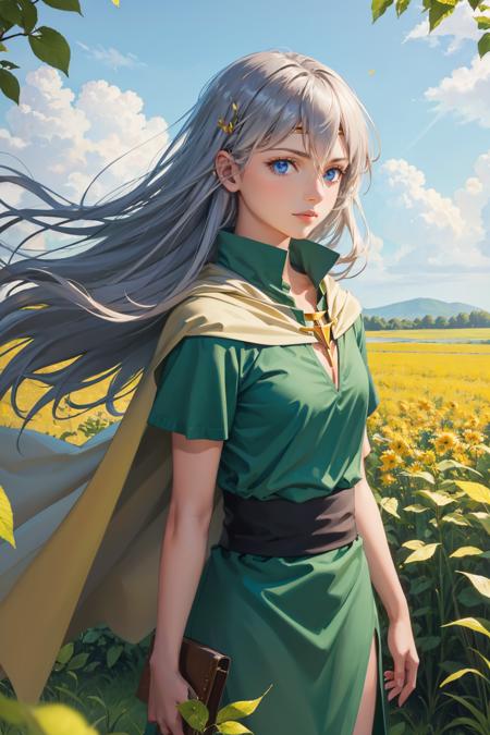 masterpiece, best quality, trsalicia, circlet, green shirt, green dress, cape, upper body, standing, looking at viewer, field, wind, leaves <lora:trsalicia-nvwls-v1-000009:0.9>