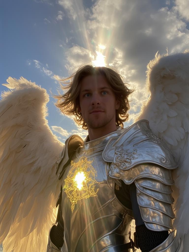 iph0ne an angelic warrior, standing at the forefront of a divine battle. His face, framed by a radiant golden light, glows with celestial power. His piercing blue eyes reflect the light of the heavens, while his skin shimmers with a soft, ethereal glow. Feathered, golden wings can be seen behind him, their tips glowing in the sunlight. His hair flows in the heavenly breeze, and his armor, engraved with celestial symbols, shines brilliantly in the light. The background is a cloud-filled sky, illuminated by beams of divine light, creating an awe-inspiring, epic scene of divine power and grace.















