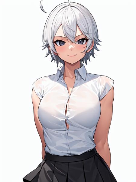 (lasterk:1.3), upper body, (arms behind back:1.3), ((masterpiece, best quality)), (1girl), (solo), (female focus), (ahoge, white hair, short hair), black eyes, light smile, ((white shirt), (buttoned shirt)), ((black skirt), (short skirt)), standing, white background, arms behind back,
<lora:lasterkStyleLora_v2:1>