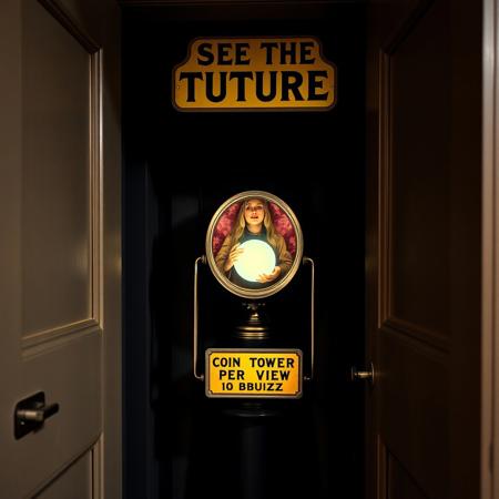 Tower viewer, a coin operated stereo telescope in closed dark room with sign decorated with image of a female oracle holding crystal ball and text "SEE THE FUTURE" and "10 BUZZ PER VIEW"