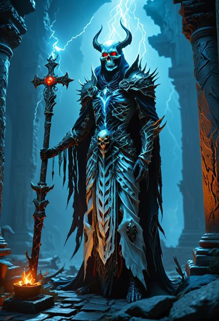 In a game-RPG fantasy setting, a formidable human undead lich, cloaked in white and adorned with spiked armor, menaces with an eldritch staff featuring a skull atop. The character's red eyes glow intensely, while blue lightning crackles around their figure. Set within the eerie ruins of an ancient temple, the atmosphere is both haunting and atmospheric, eliciting a sense of dread and ancient power. The high-definition visuals showcase ultra-detailed, cinematic lighting that further enhances the scene's otherworldly essence.