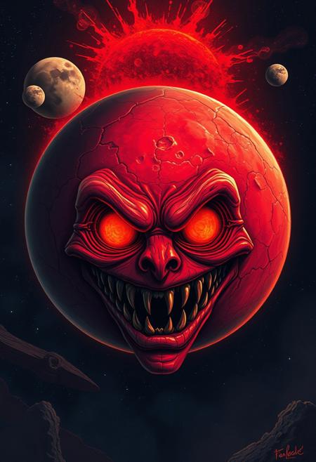 surreal planet face, glowing red eyes, creepy grin, cratered red sphere, cosmic horror, uncanny character, outer space background, fiery halo, exaggerated facial features, moons in orbit, surreal space art, eerie cartoon realism, nightmarish expression, fashion photography, cinematic elegance, ethereal lighting, painterly realism, dramatic compositions, rich textures, romantic atmosphere, impressionistic brushwork, fine art influences, moody color palettes, soft focus, detailed storytelling, high fashion aesthetics, classical beauty, dynamic contrasts