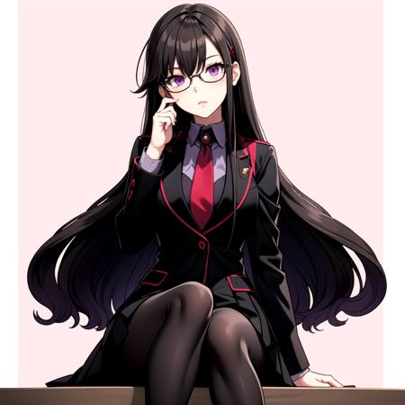 (masterpiece:1.2, best quality), <lora:ROEVIL-000009:0.565> 1girl, ROEvil, W-sitting, pink girly room background, looking at viewer, glasses, black and red school uniform, purple eyes, black tights