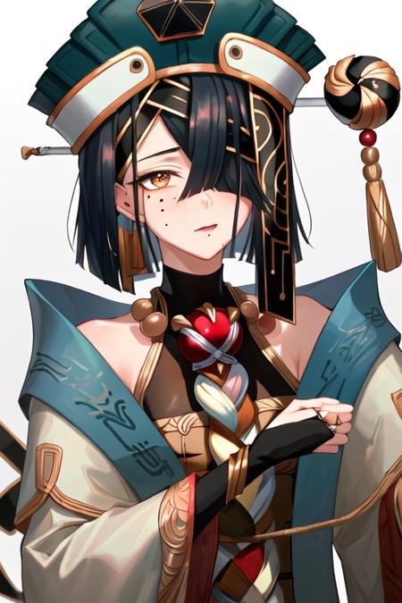 best quality, masterpiece, highres, solo, {xu_fu_fgo:1.15}, black_hair, hair_over_one_eye, mole, mole_under_eye, small_breasts, breasts, doll, hair_ornament, hat, blue_headwear, short_hair, hair_stick, character_doll, brown_eyes, tassel, straight_hair, medium_hair, hair_between_eyes, gem, bridal_gauntlets, upper_body, 1girl, chinese_clothes, long_sleeves, robe, white_robe, black_headwear, jewelry, looking_at_viewer, bracelet