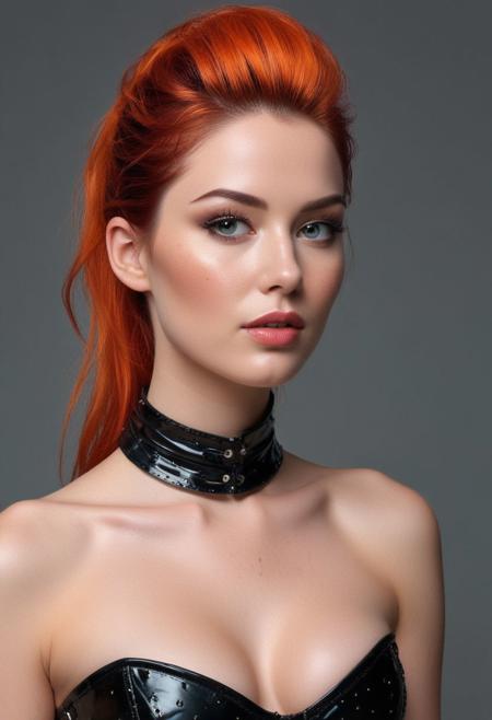 The woman is depicted in a side profile view, her head turned slightly towards the camera. She has long, flowing magenta hair tied back into a sleek ponytail, with silver and orange tips adding vibrant highlights. Her face is adorned with delicate freckles, subtly sprinkled across her cheeks and nose with an intensity of 0.8, adding a touch of natural charm.
Her eyes are the focal point of the image, mesmerizing and detailed with a striking teal hue speckled with hints of green and gold. They exude depth and intensity, drawing the viewer in with their beauty. Her lips are full and inviting, painted in a natural shade that complements her pale skin tone.
The woman is dressed in a sleek latex corset that accentuates her figure, adding a sensual and edgy flair to the overall look. Her expression is neutral yet captivating, with a hint of mystery and allure in her gaze.
The background is a neutral gray, providing a clean and minimalist backdrop that allows the subject to shine. Studio lighting highlights the woman's features, casting soft shadows and enhancing the overall depth and dimension of the image