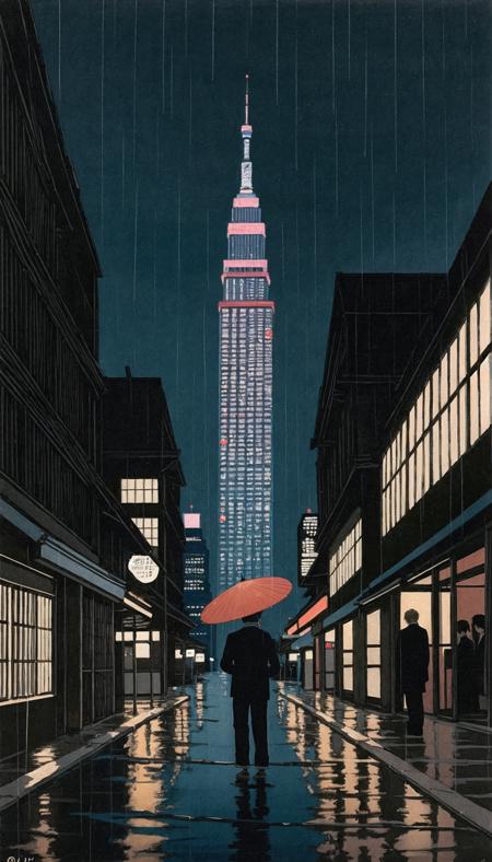 <lora:Ukiyo-e:0.4>, ukiyo-e, a rainy day painting of a figure standing alone under an umbrella gazing up at the crowded walkways of floating skyscrapers lit with artificial starlight, 
official art, Best quality, masterpiece,