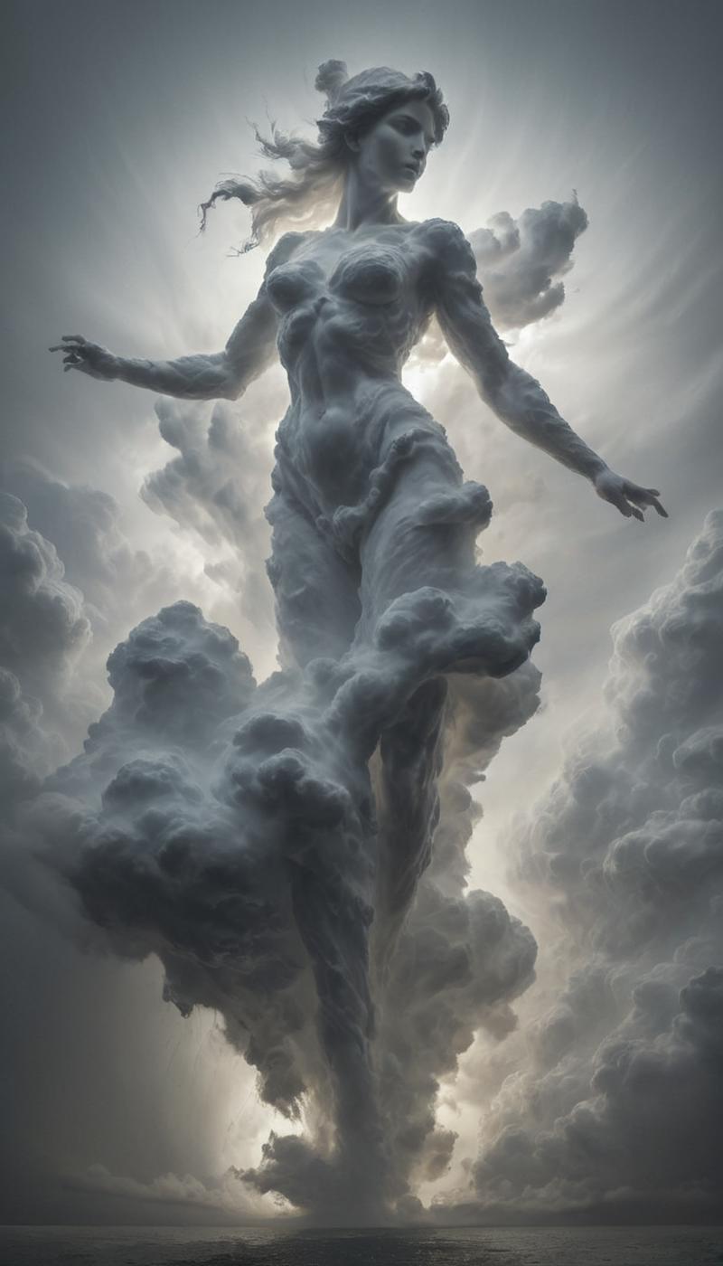 A statue of a woman with wings and a flowing dress, surrounded by a cloudy sky.