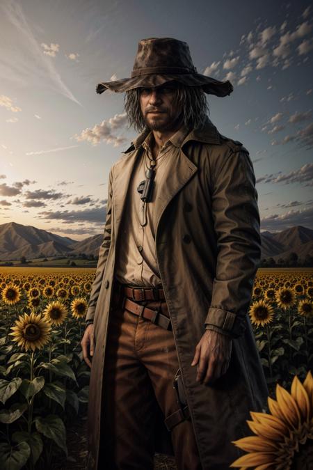 (masterpiece, best quality) <lora:epi_noiseoffset2:1>  <lora:add_detail:0.7>  <lora:HeisenbergRE:0.8>
HeisenbergRE, 1boy, standing in a field, scarecrow, sunflower, horror \(theme\),