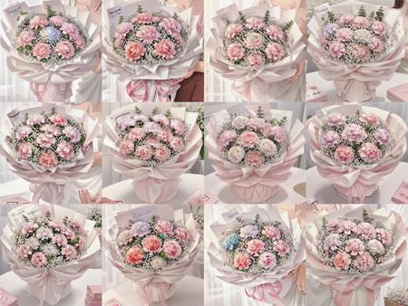 bouquet,pink dianthus carnation,white gypsophila paniculata,pink rose,pink packing, eucalyptus robusta,<lora:BouquetLatin_V13:1>