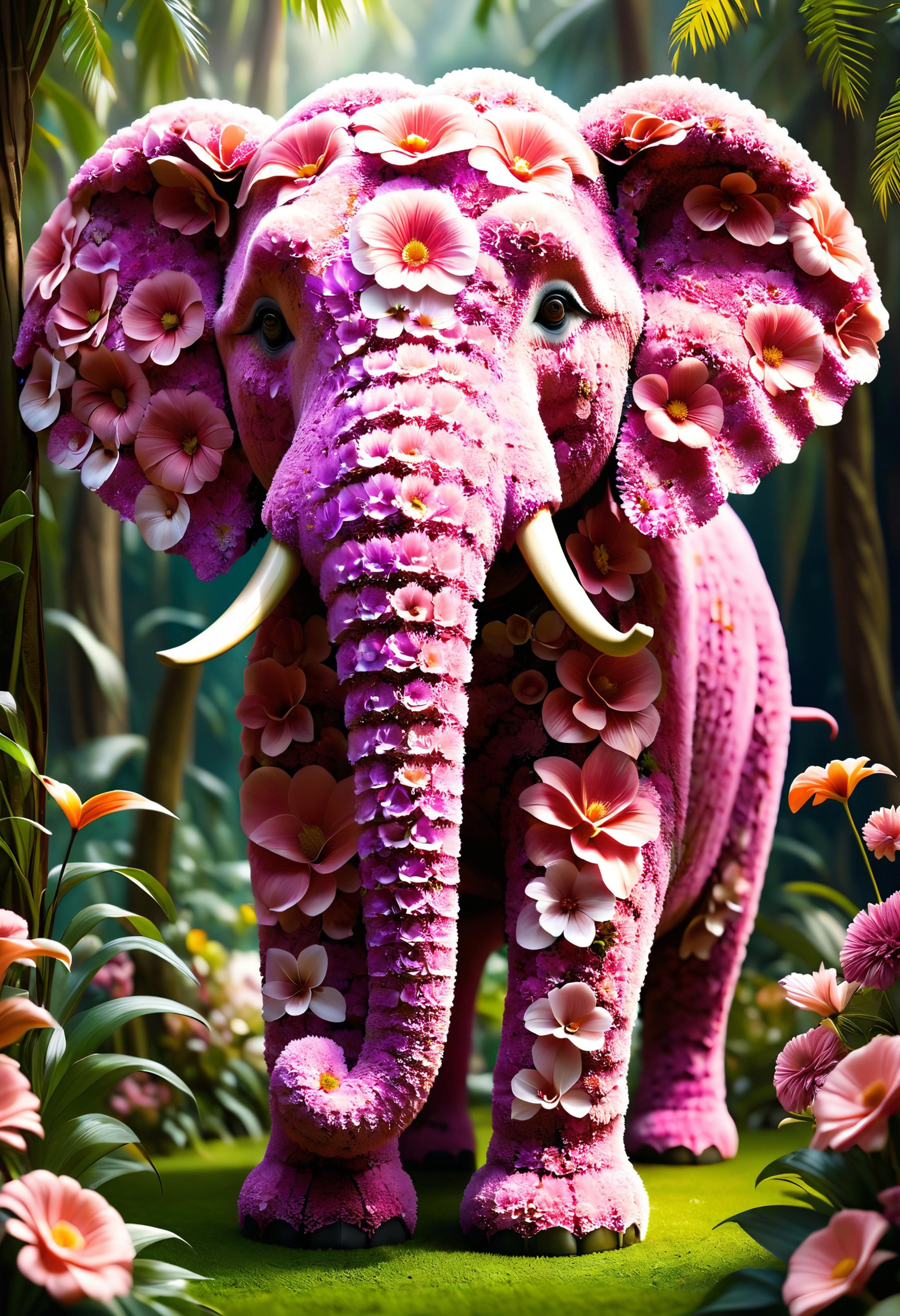 Pink Flowered Elephant Decoration with Purple Trunk and Tusks.