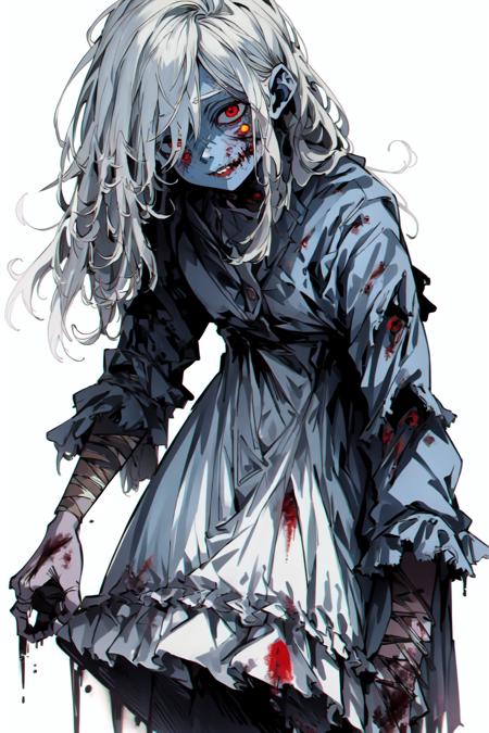 <lora:TheWalkingDead:1>(Zombie:1.2),horror1girl, solo, long_hair, looking_at_viewer, open_mouth, simple_background, red_eyes, long_sleeves, white_background, dress, white_hair, teeth, white_dress, torn_clothes, blood, leaning_forward, colored_skin, bandages, injury, blood_on_face, bandaged_arm, blood_on_clothes, stitches, zombie, torn_dress, blood_on_hands