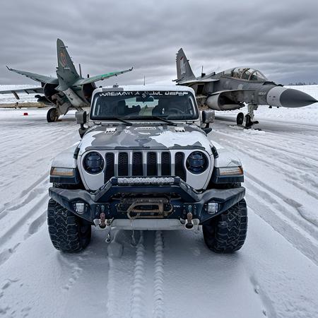 <lora:StormShadow_02B-000002:0.8>,a RAW photograph of (StormShadow Jeep:1.1),
parked on the tarmac,next to a MIG-21 fighter jet,with an abandoned aircraft hanger in the background,snow cover,
(wide_shot:1.2),from_side,8k,uhd,best quality,masterpiece,raw photo,photorealistic,high contrast,HDR,HD wallpaper,IMAX,highres,absurdres,landscape,