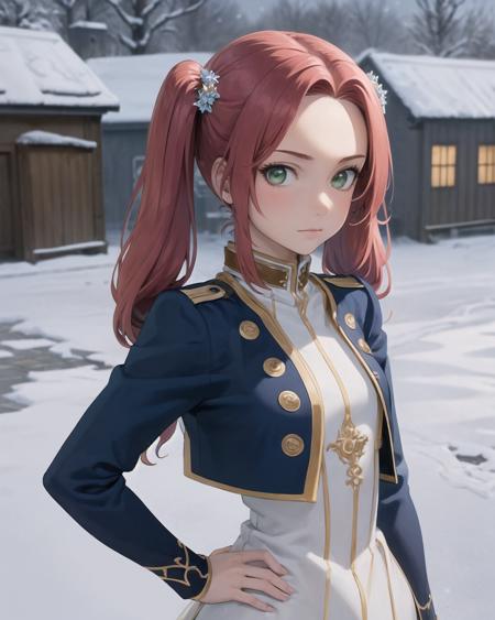 best quality, (masterpiece:1.2), illustration, absurdres,
(1girl, solo), (beautiful detailed girl),
<lora:Eleanor-08:0.9:>, Eleanor Hume, red hair, twintails,  green eyes, small breasts,
blue jacket,blue sleeves, long sleeves, white dress, ornate dress, white boots, thighhigh boots, 
winter, cold, snow, snowing, harbor, port, dark, stone buildings, cobblestone buildings, medieval village, viking village,
hands on hips, (upper body, portrait),,
flamboyant, (looking at viewer),