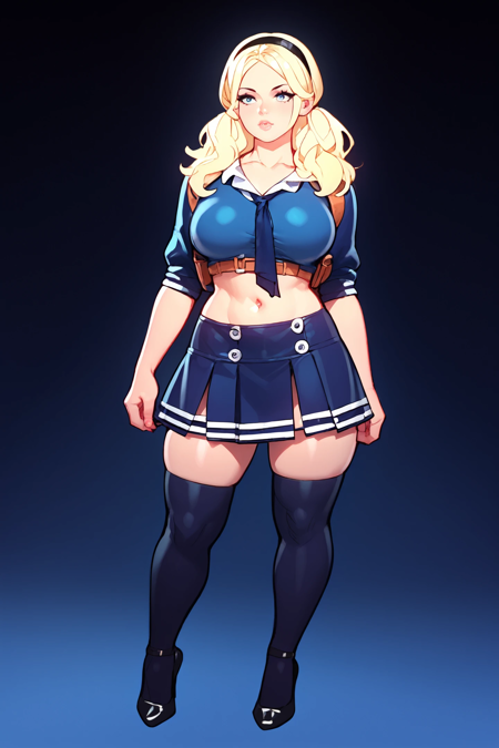 sapbd costume, blue crop top and skirt, thighhighs, blond, midriff,