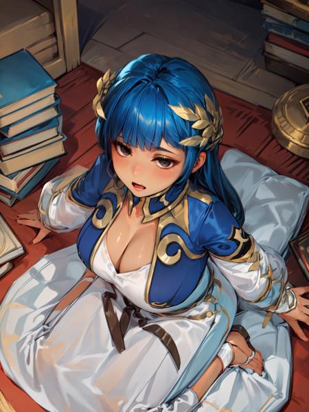 best quality, 1girl, solo, <lora:GenshinNPC_Setaria_V3-000000:1.0>, arabic library, books scattered on the floor, reading a book, sitting on the floor, ((((wariza)))), cleavage, laurel hair ornament, long skirt,  looking at camera, embarrassed open mouth, surprise, ((((eyes wide open)))), tightly hugging a large book,