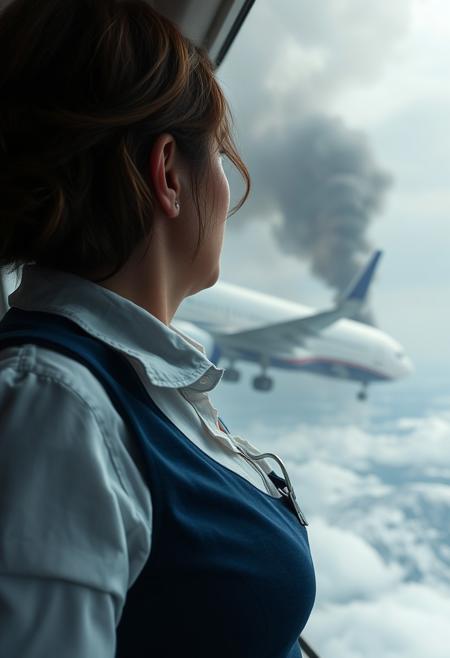 stewardess, torn clothing, plane crash survivor, afraid, view from the ground up, smoke, crashed plane in distance