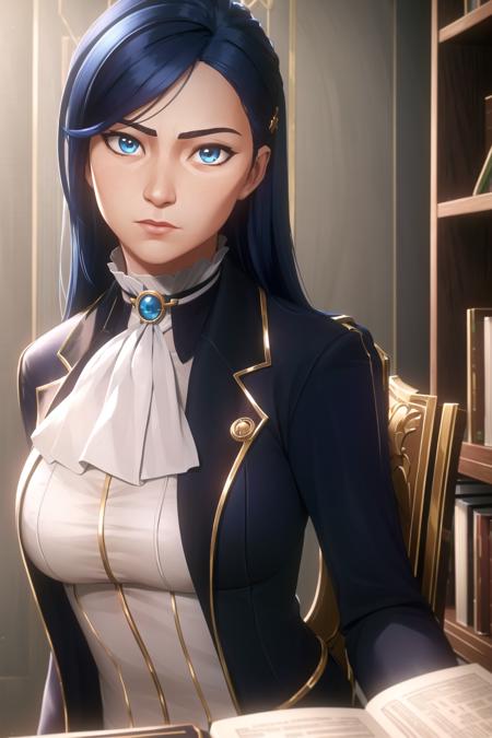 arcane style,

1girl, solo, long hair, bangs, letterboxed, book, closed mouth, blue eyes, ascot, holding, jacket, shiny hair, blue hair, upper body, looking at viewer, holding book, shiny, indoors, white ascot, brooch, asymmetrical bangs

, ((masterpiece))

<lora:arcane_offset:1>