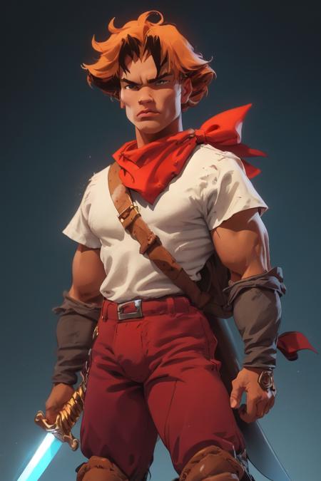 ((best quality)), ((masterpiece)), (detailed),(high-resolution:1.2),
1man, Lanfeust, white shirt, red bandana, red pant, holding a sword, brilliant light emanates from his very being, illuminating the darkness. His hair defies gravity, standing on end like a crown of electric energy. Witness this epic moment, where a hero harnesses the forces of the universe, becoming a beacon of awe-inspiring power and indomitable spirit